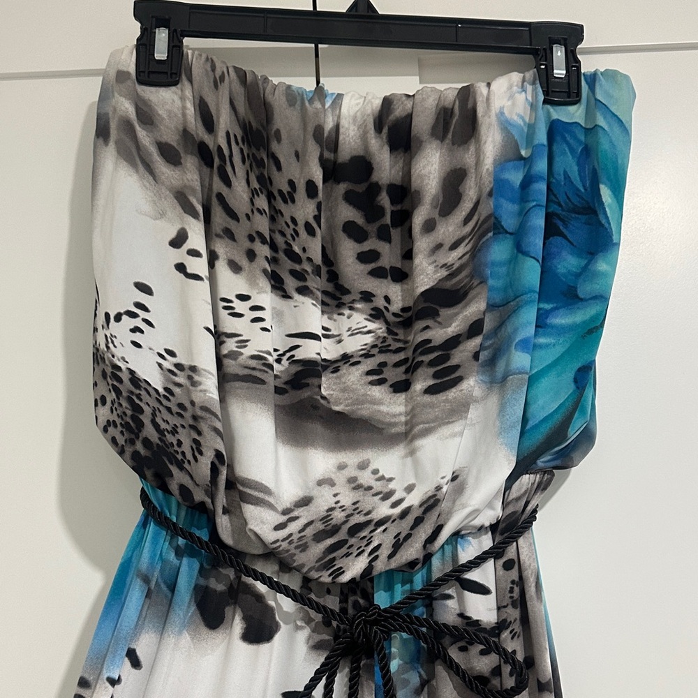 Strapless Pantsuit with Blue Floral and Black Pattern and Waist Tie